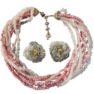 HATTIE CARNEGIE Necklace & Earrings Signed Vintage Designer 1950's Pink White